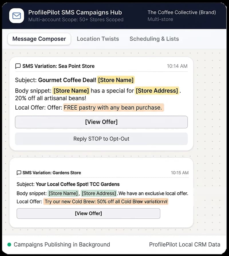 SMS campaign console broadcasting flash promotions to local store audiences